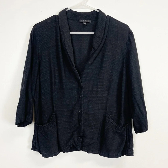Eileen Fisher Jacket Womens Size Large Black Button Front Linen Button Front - Picture 1 of 10